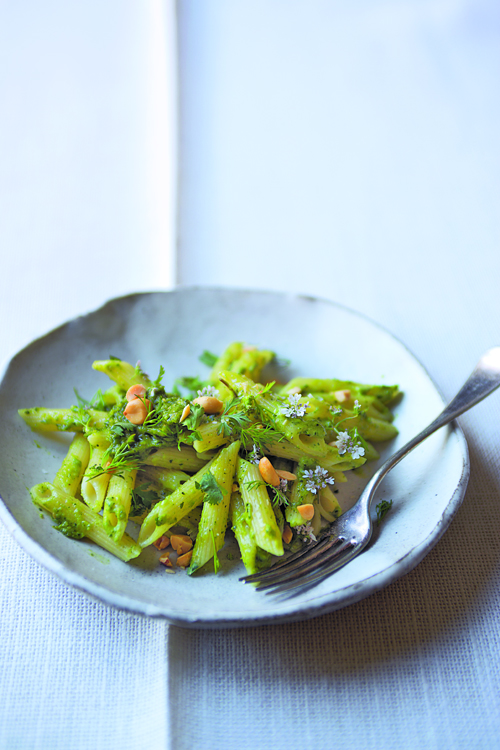 Korianderpinda pesto met penne sue quinn vegan